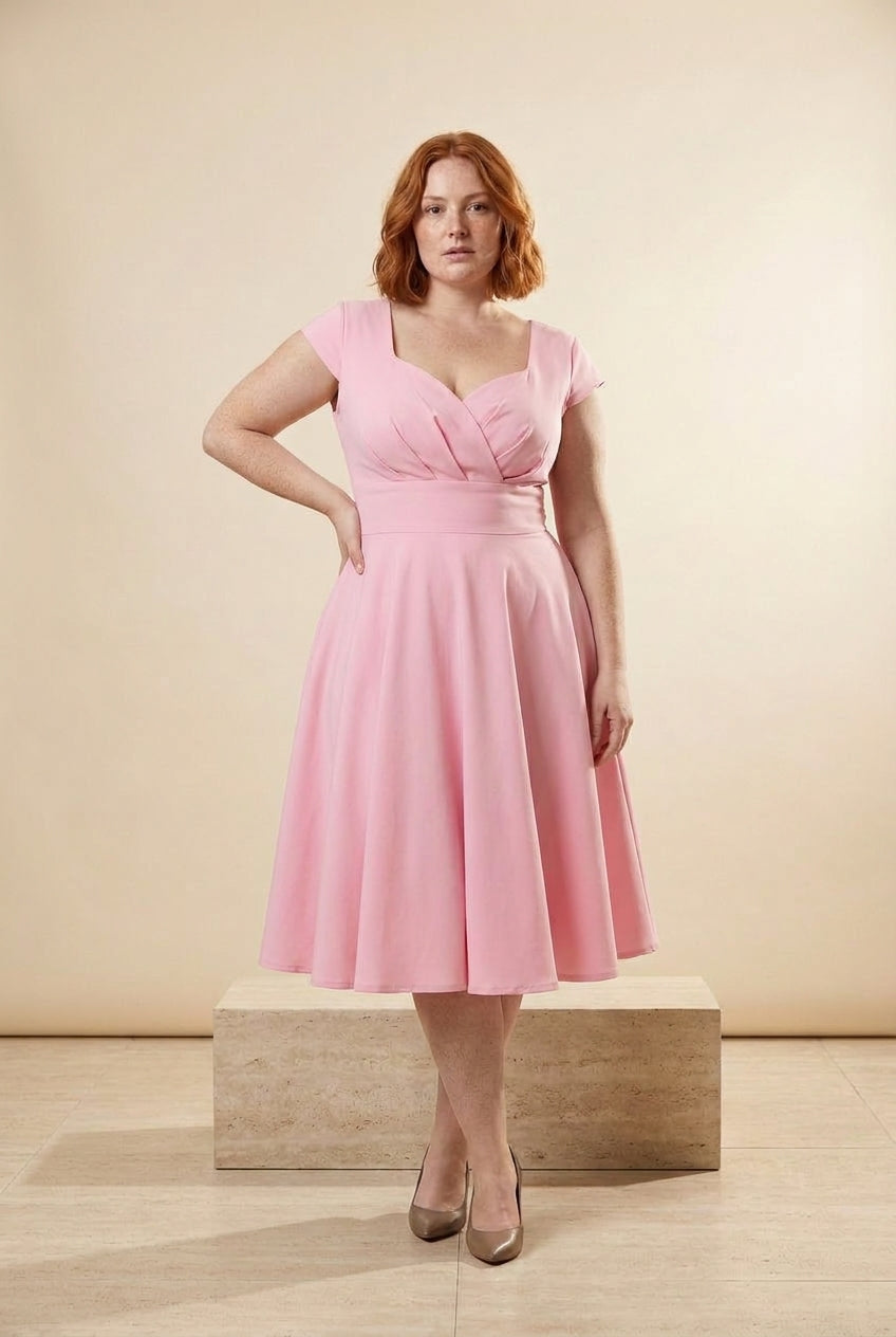 Vintage V-Neck Fit-and-Flare Midi Dress in Pink, three-quarter view – Petopet