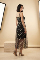 Daisy Embroidered Mesh Strappy Midi Dress in Black, back view – Petopet