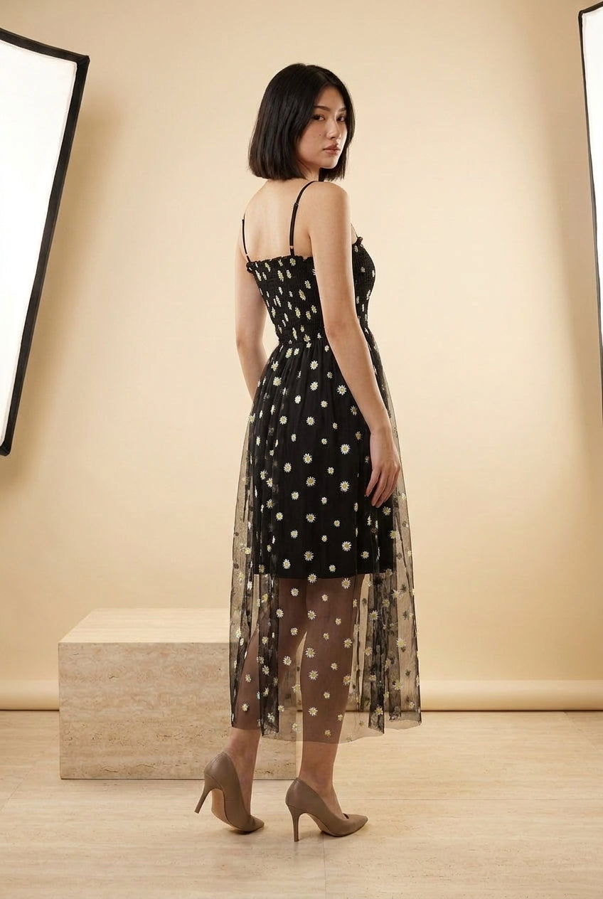 Daisy Embroidered Mesh Strappy Midi Dress in Black, back view – Petopet