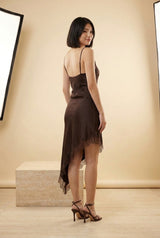 Lace Trim Asymmetric Satin Slip Mini Dress, back view – Petopet