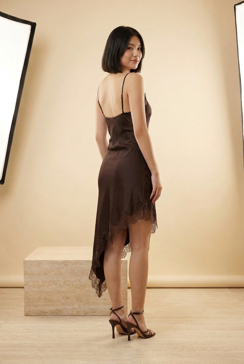 Lace Trim Asymmetric Satin Slip Mini Dress, back view – Petopet