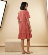 Relaxed V-Neck Ruffle Hem Mini Dress in Coral, product image 5 – Petopet