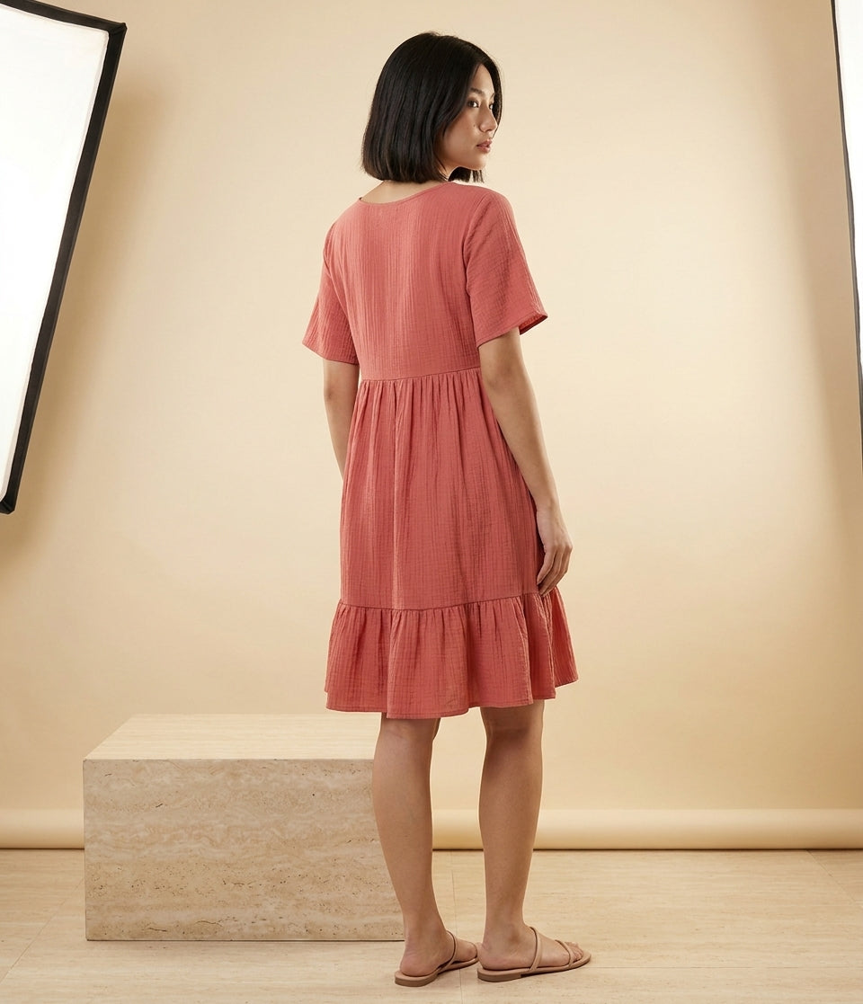 Relaxed V-Neck Ruffle Hem Mini Dress in Coral, product image 5 – Petopet