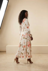 Floral Long Sleeve Bohemian Maxi Dress in Ivory, back view – Petopet