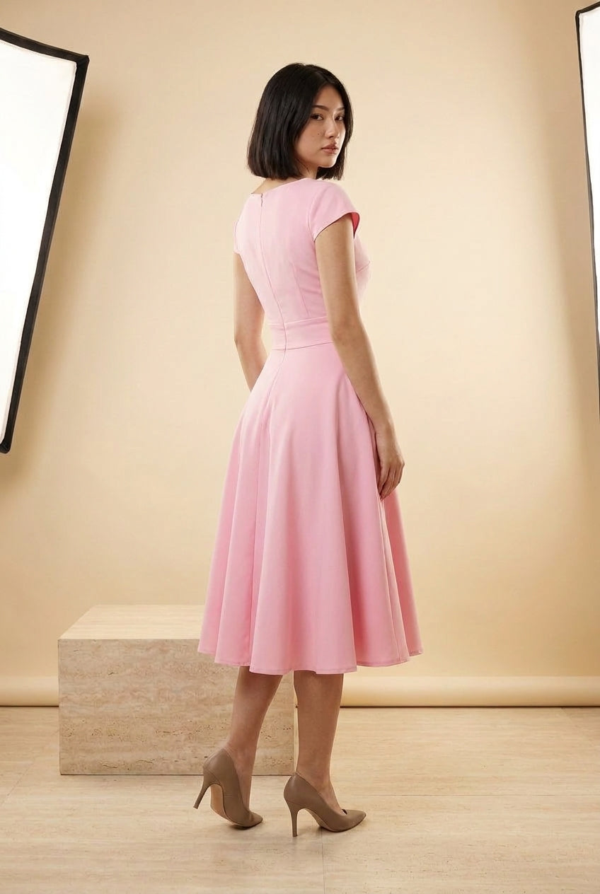 Vintage V-Neck Fit-and-Flare Midi Dress in Pink, back view – Petopet