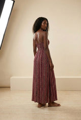 Bohemian Printed Strappy Split Maxi Dress in Red, back view – Petopet