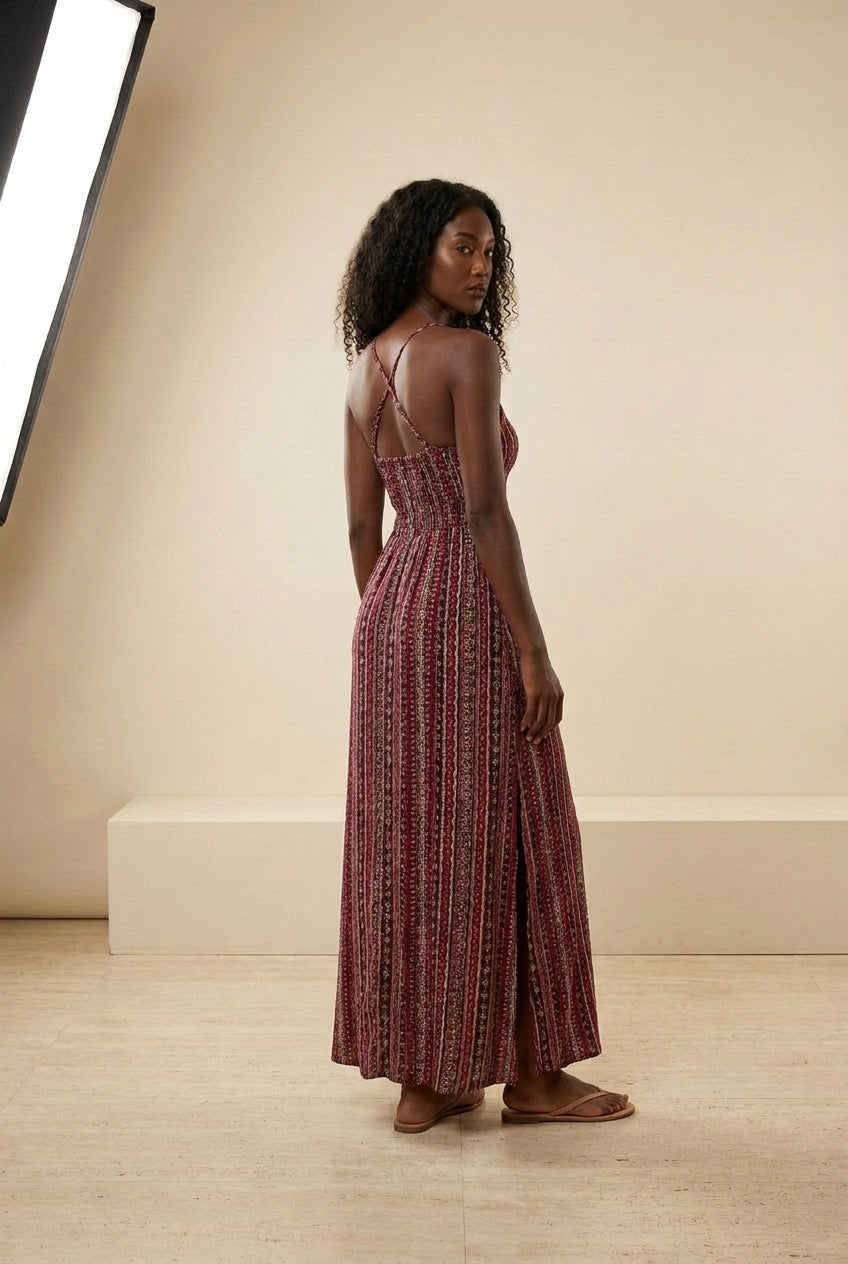 Bohemian Printed Strappy Split Maxi Dress in Red, back view – Petopet