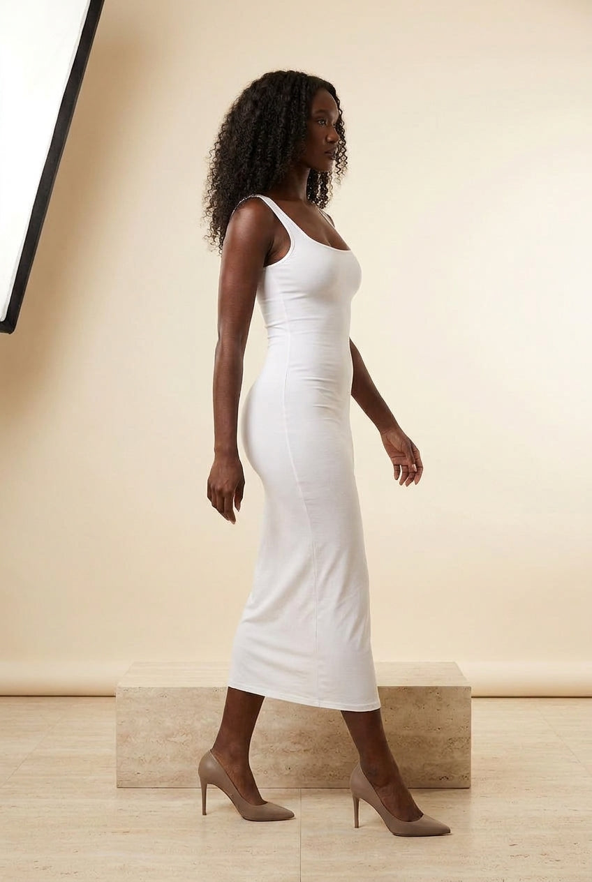 Square Neck Sleeveless Bodycon Midi Dress in White, walking view – Petopet