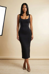 Square Neck Sleeveless Bodycon Midi Dress in Black, front view – Petopet