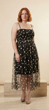 Daisy Embroidered Mesh Strappy Midi Dress in Black, front view – Petopet
