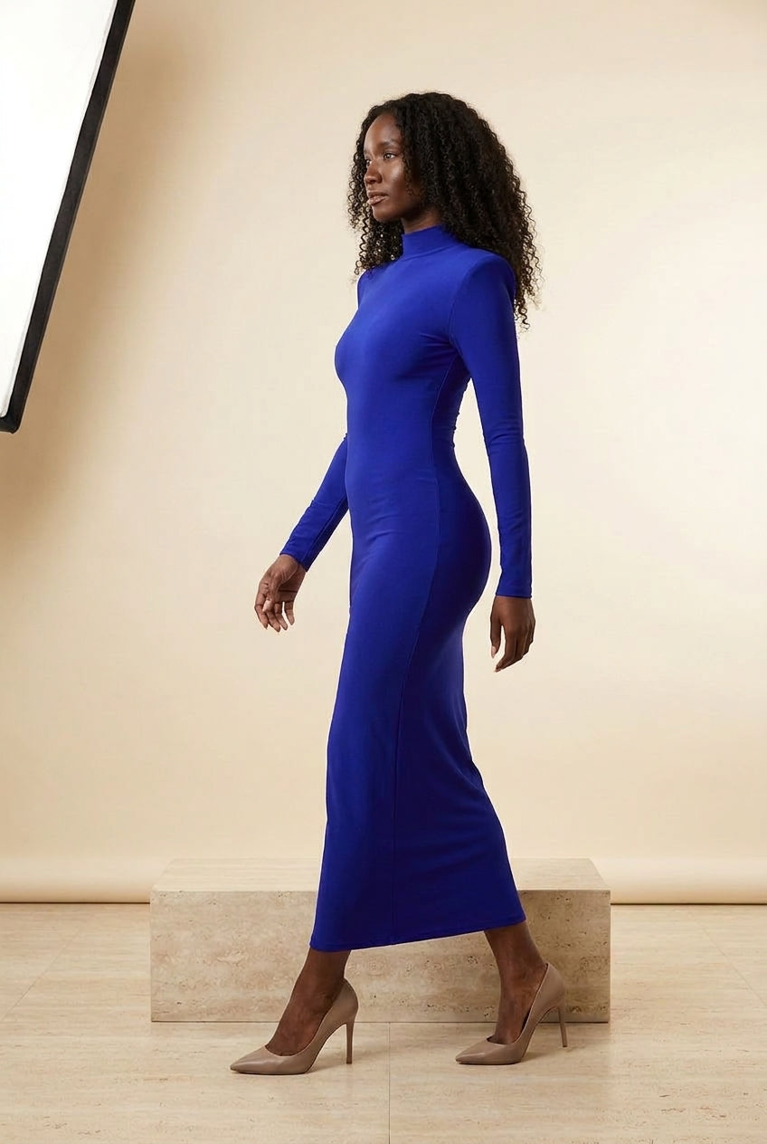 Sculpted Shoulder Long Sleeve Bodycon Maxi Dress