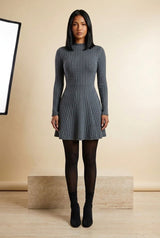 Ribbed High Neck Long Sleeve A-Line Mini Dress in Gray, front view – Petopet