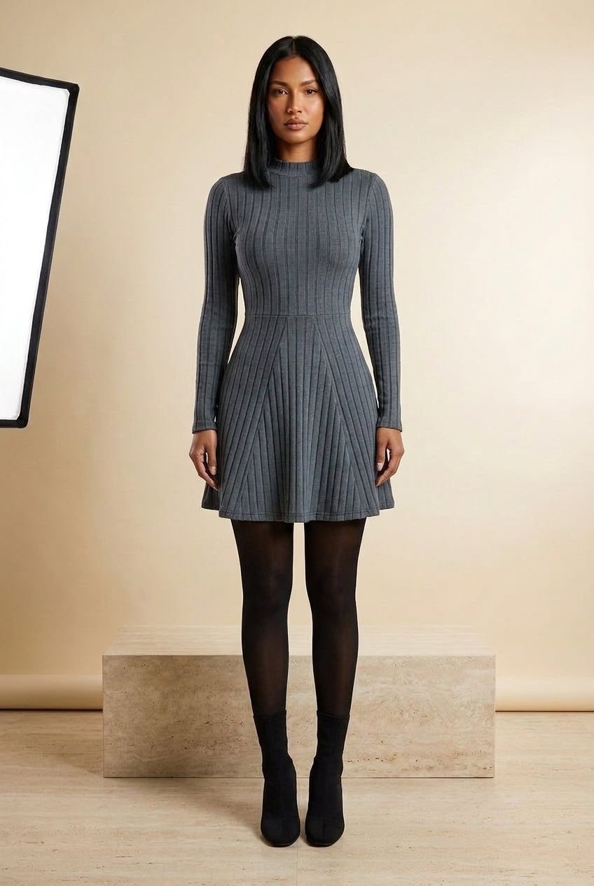 Ribbed High Neck Long Sleeve A-Line Mini Dress in Gray, front view – Petopet