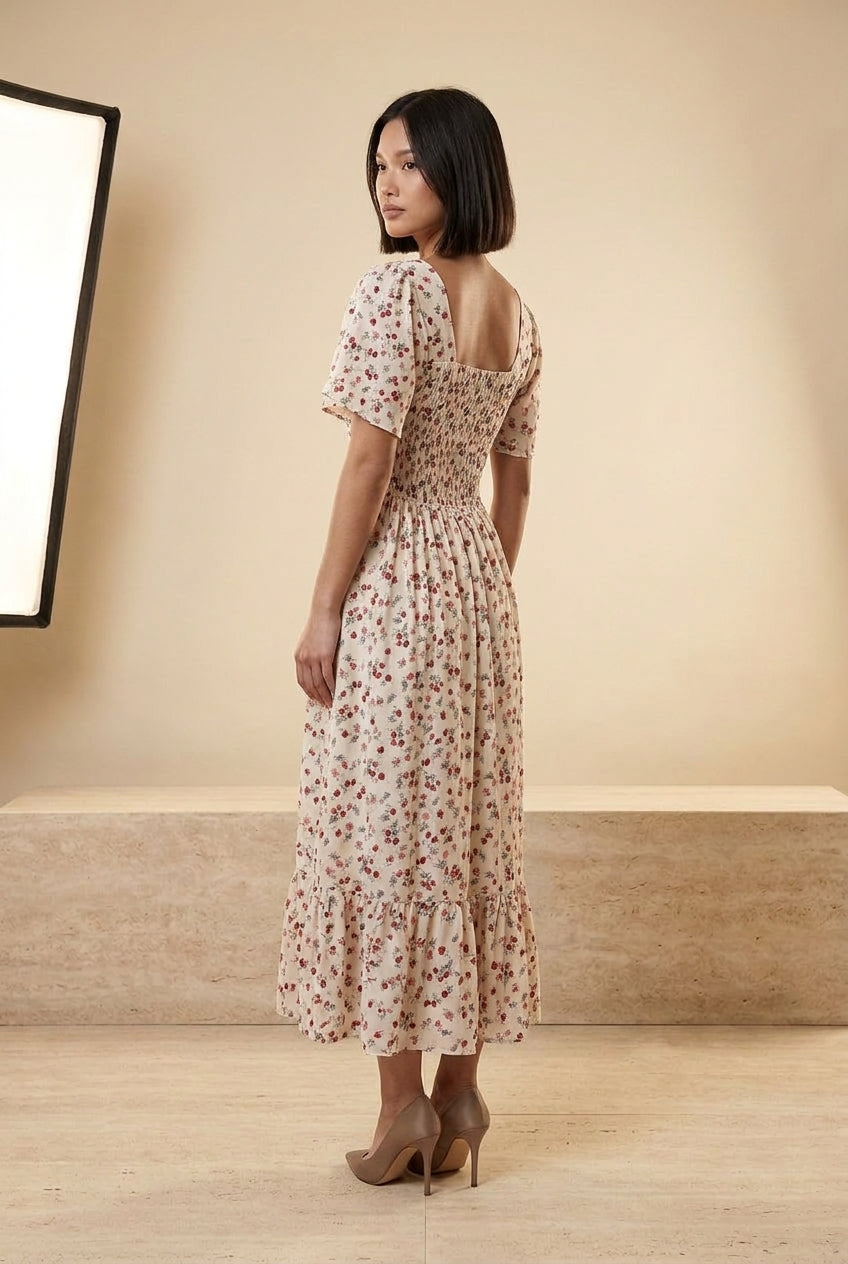 Floral Shirred Chiffon Midi Dress, back view – Petopet