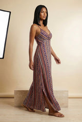 Bohemian Printed Strappy Split Maxi Dress in Red, walking view – Petopet