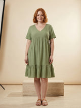 Relaxed V-Neck Ruffle Hem Mini Dress, front view – Petopet