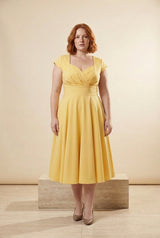 Vintage V-Neck Fit-and-Flare Midi Dress in Yellow, front view – Petopet