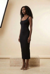 Square Neck Sleeveless Bodycon Midi Dress in Black, three-quarter view – Petopet