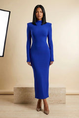 Sculpted Shoulder Long Sleeve Bodycon Maxi Dress in Blue, front view – Petopet