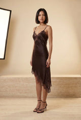 Lace Trim Asymmetric Satin Slip Mini Dress, editorial view – Petopet