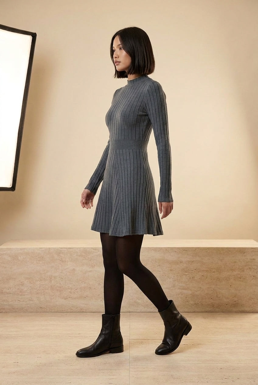 Ribbed High Neck Long Sleeve A-Line Mini Dress in Gray, walking view – Petopet