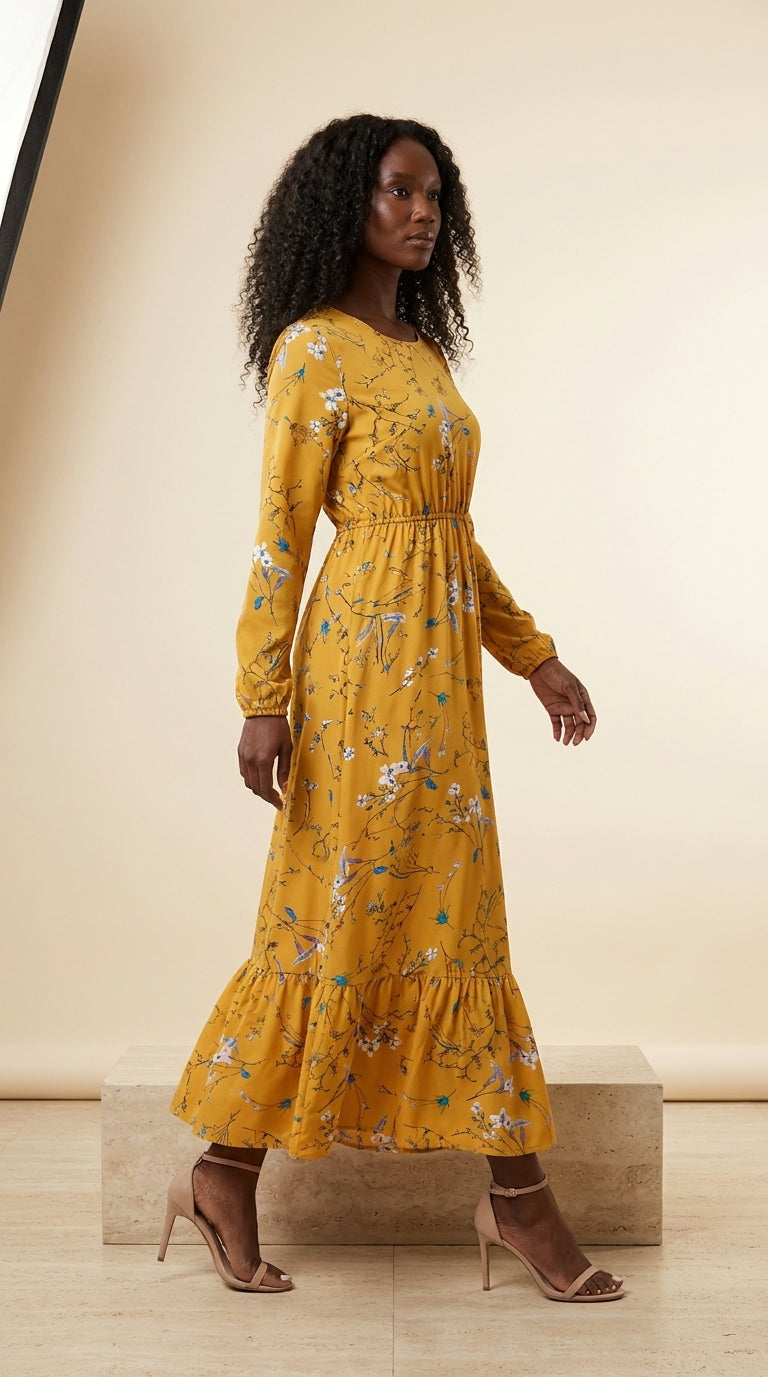 Floral Long Sleeve Bohemian Maxi Dress in Mustard, walking view – Petopet