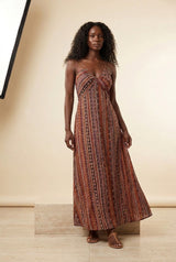 Bohemian Printed Strappy Split Maxi Dress in Red, editorial view – Petopet