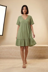 Relaxed V-Neck Ruffle Hem Mini Dress, walking view – Petopet