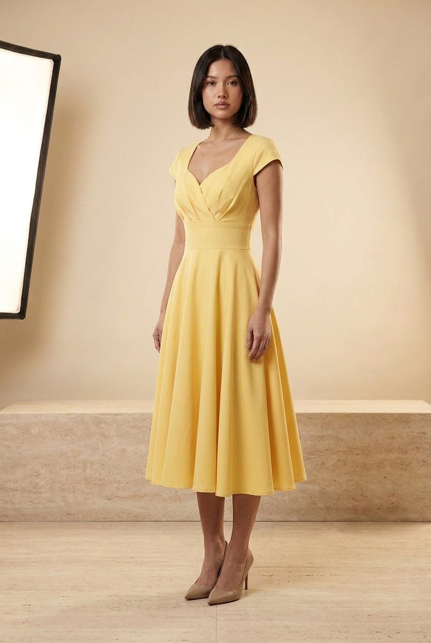 Vintage V-Neck Fit-and-Flare Midi Dress in Yellow, three-quarter view – Petopet