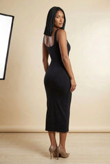 Square Neck Sleeveless Bodycon Midi Dress in Black, back view – Petopet