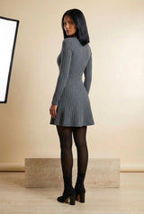 Ribbed High Neck Long Sleeve A-Line Mini Dress in Gray, back view – Petopet