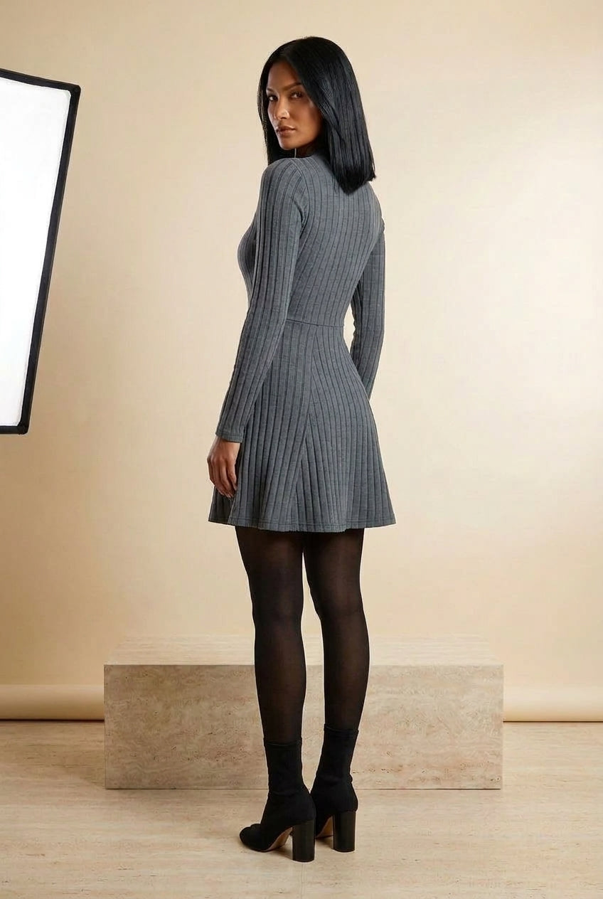 Ribbed High Neck Long Sleeve A-Line Mini Dress in Gray, back view – Petopet