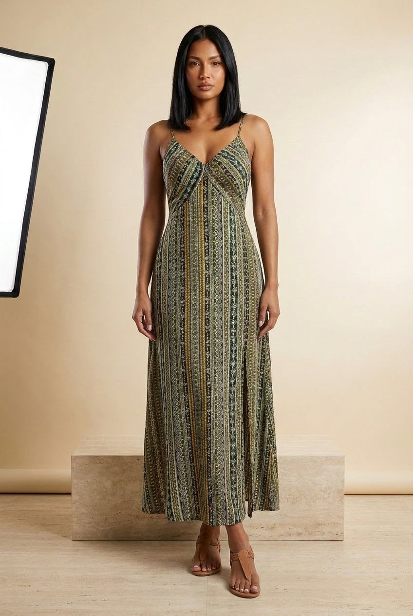 Bohemian Printed Strappy Split Maxi Dress in Green, front view – Petopet