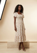 Floral Shirred Chiffon Midi Dress, three-quarter view – Petopet