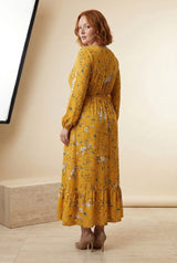 Floral Long Sleeve Bohemian Maxi Dress in Mustard, back view – Petopet