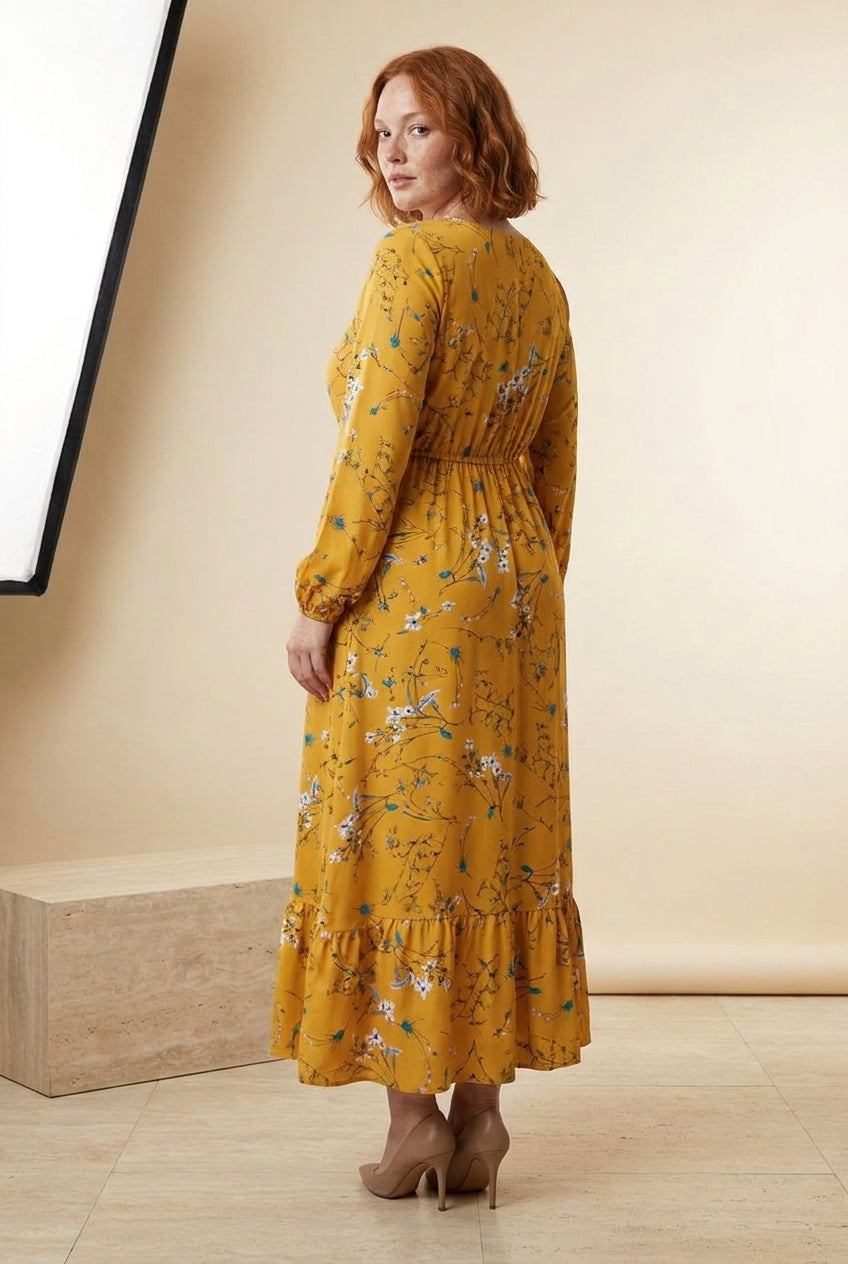 Floral Long Sleeve Bohemian Maxi Dress in Mustard, back view – Petopet