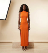 Cut-Out Lace-Up Sleeveless Maxi Dress in Orange, front view – Petopet