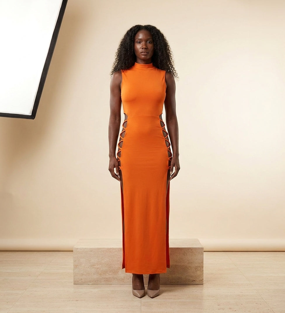Cut-Out Lace-Up Sleeveless Maxi Dress in Orange, front view – Petopet