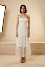 Daisy Embroidered Mesh Strappy Midi Dress in White, front view – Petopet