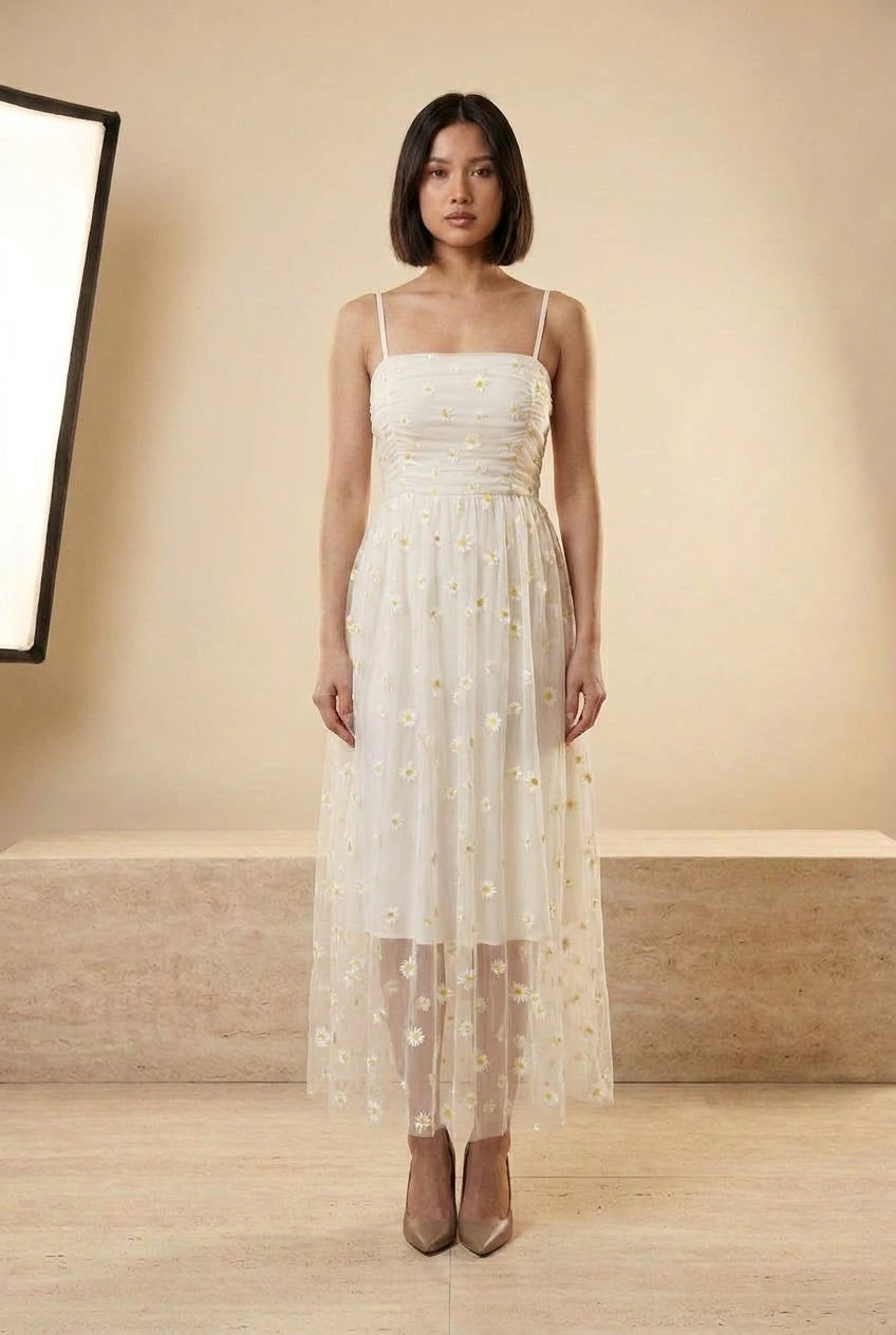 Daisy Embroidered Mesh Strappy Midi Dress in White, front view – Petopet