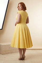 Vintage V-Neck Fit-and-Flare Midi Dress in Yellow, back view – Petopet