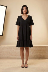 Relaxed V-Neck Ruffle Hem Mini Dress in Black, front view – Petopet