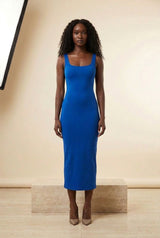 Square Neck Sleeveless Bodycon Midi Dress in Blue, front view – Petopet