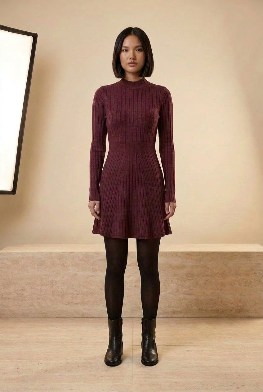 Ribbed High Neck Long Sleeve A-Line Mini Dress in Burgundy, front view – Petopet