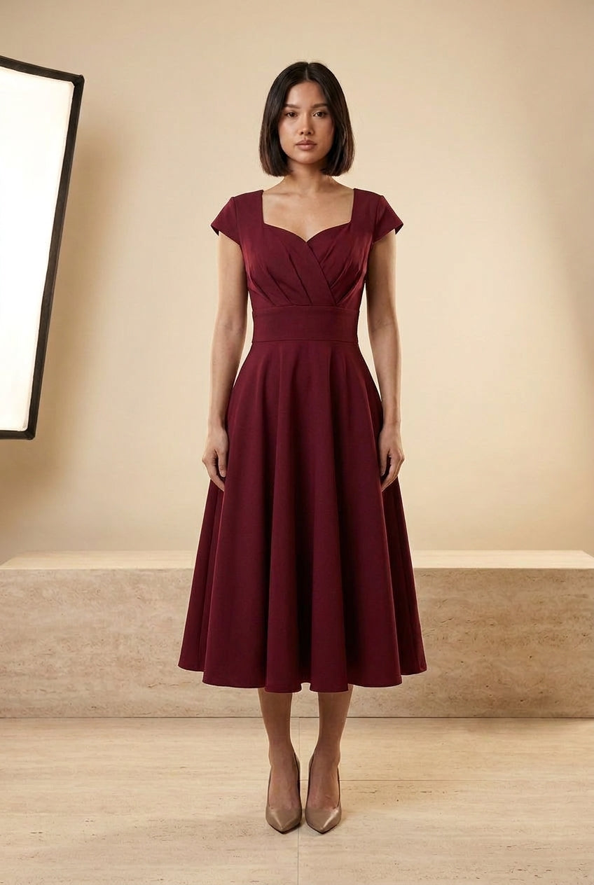 Vintage V-Neck Fit-and-Flare Midi Dress in Burgundy, front view – Petopet