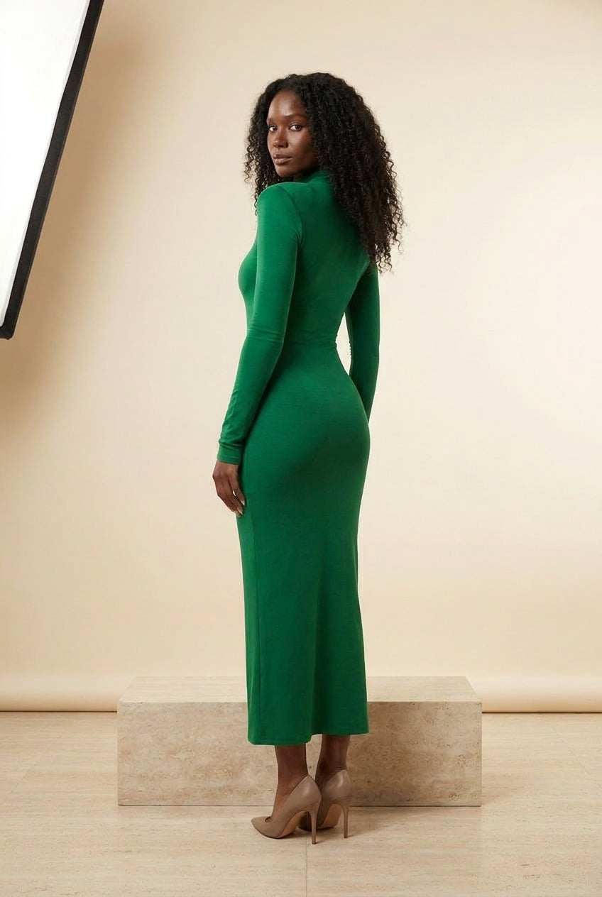 Sculpted Shoulder Long Sleeve Bodycon Maxi Dress in Green, back view – Petopet