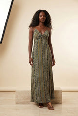 Bohemian Printed Strappy Split Maxi Dress in Green, three-quarter view – Petopet