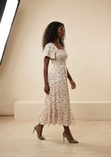 Floral Shirred Chiffon Midi Dress, walking view – Petopet