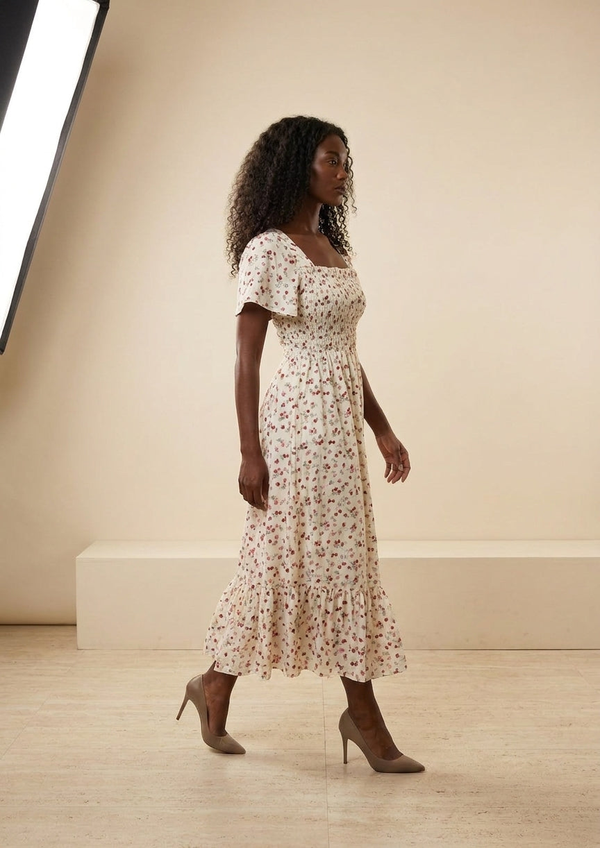 Floral Shirred Chiffon Midi Dress, walking view – Petopet