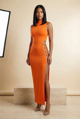 Cut-Out Lace-Up Sleeveless Maxi Dress in Orange, three-quarter view – Petopet